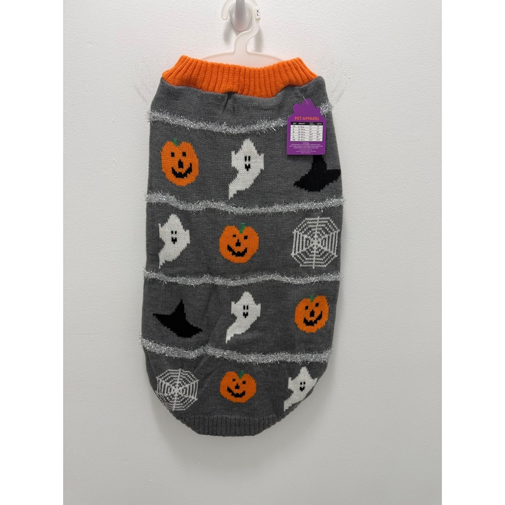 Barkwood Manor Halloween Dog Sweater XL Grey Orange Ghost Pumpkin Knit